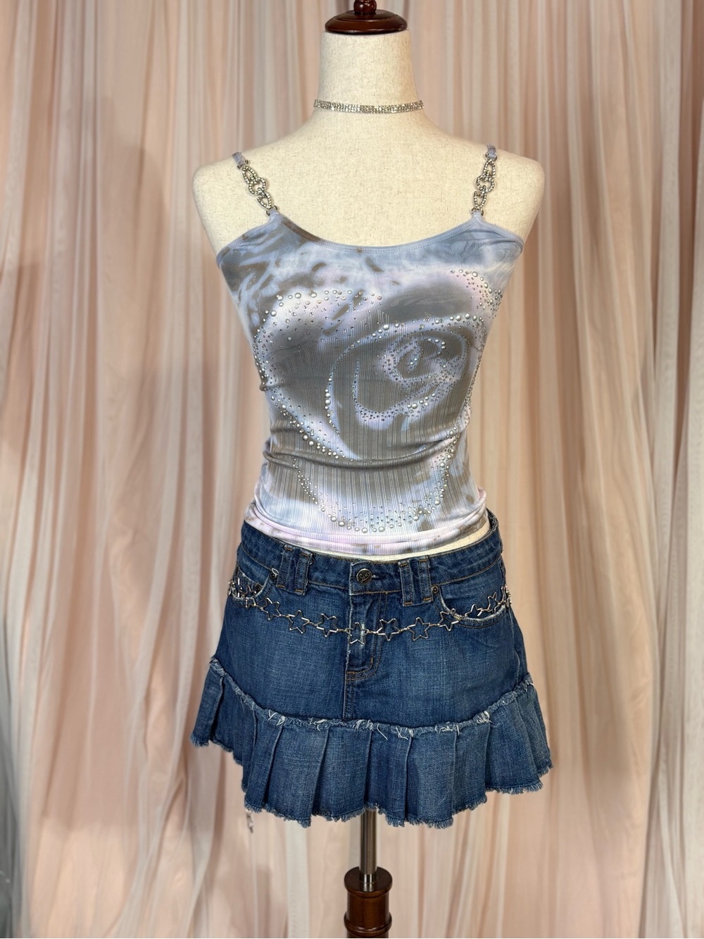 Y2K M.U.S.A. Blue Rhinestone Swirl Chain Strap Tank Top Size M